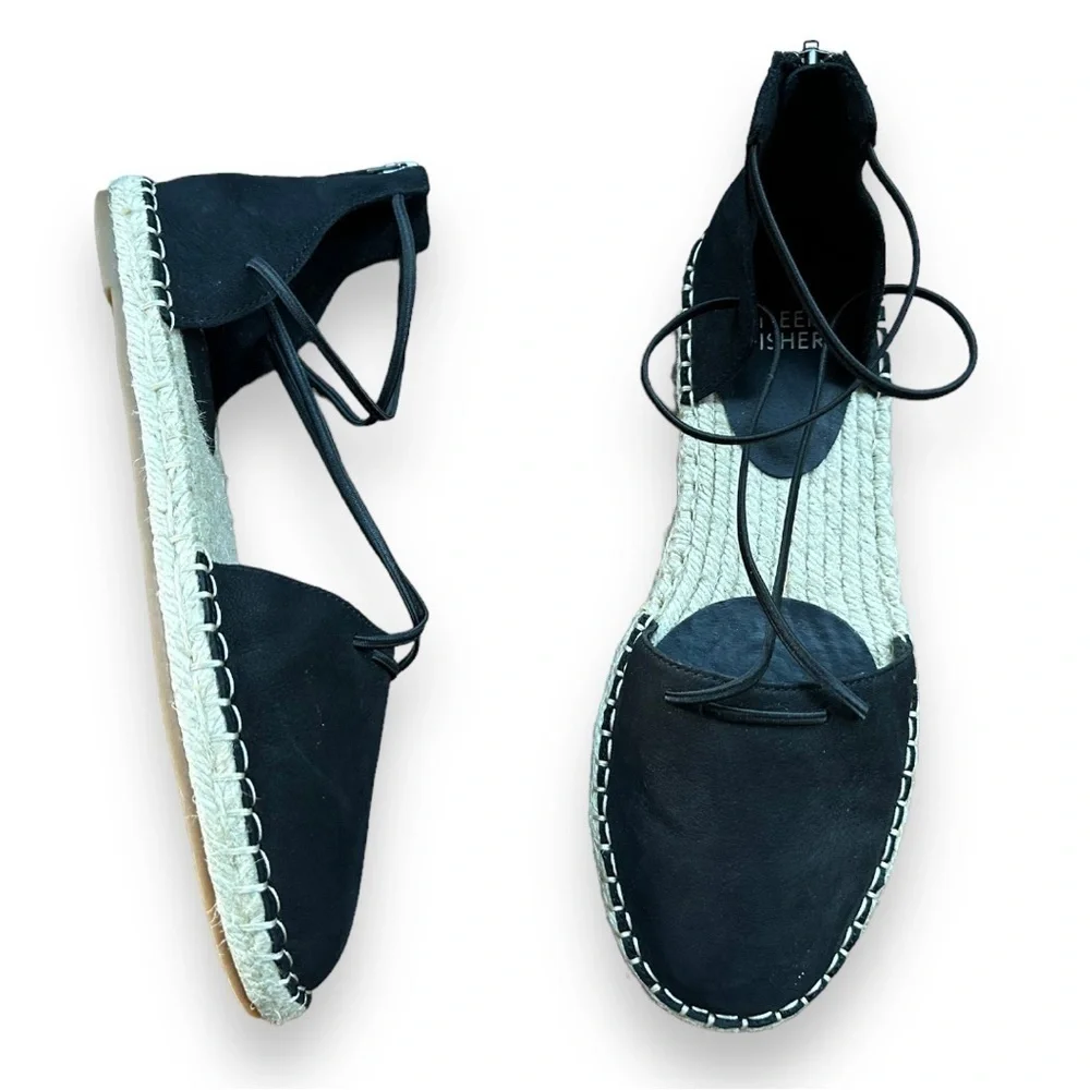 New Eileen Fisher Black Lace Leather Espadrilles | Size 7.5